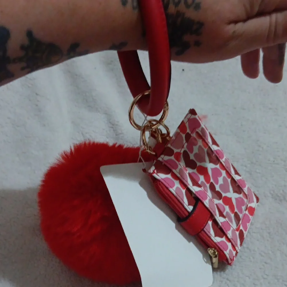 Red Pom Pom Keychain Bracelet with Card Holder